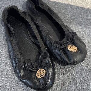 Tory Style Black Flats with Gold Logo
